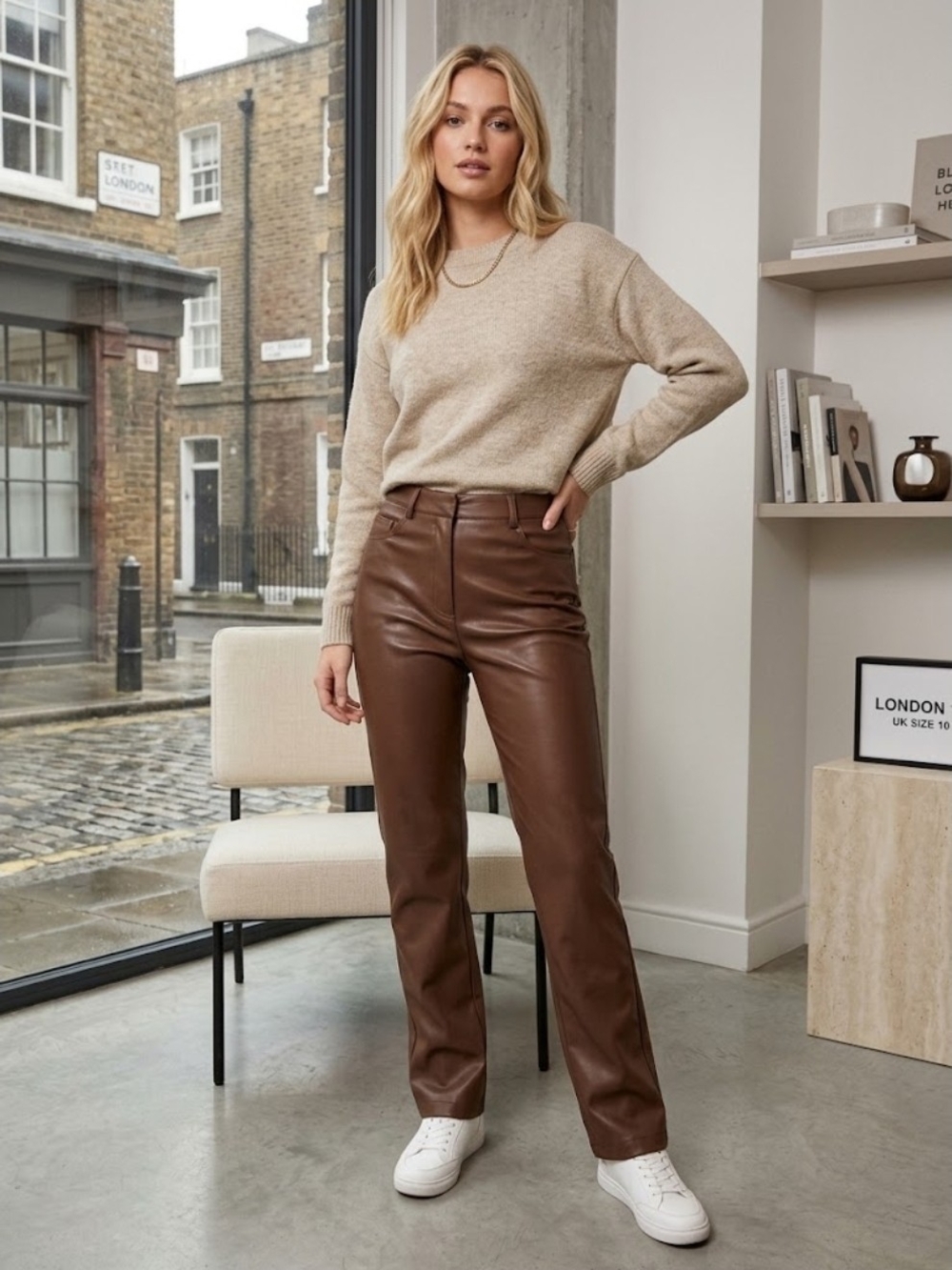 Oak + Fort Chocolate Brown Vegan Leather Pants - High Waist, Size 2